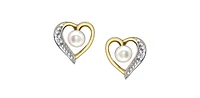 10K Yellow Gold Pearl and Diamond Heart Stud Earrings