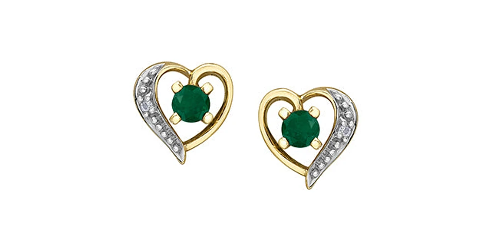 10K Yellow Gold Emerald and Diamond Heart Stud Earrings