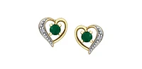10K Yellow Gold Emerald and Diamond Heart Stud Earrings