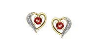 10K Yellow Gold Garnet and Diamond Heart Stud Earrings