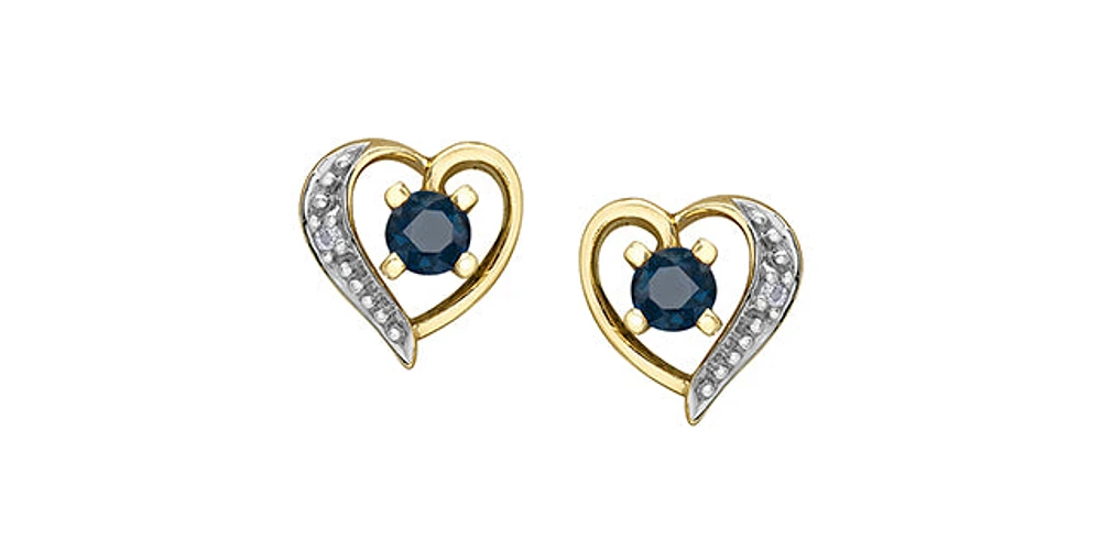 10K Yellow Gold Sapphire and Diamond Heart Stud Earrings
