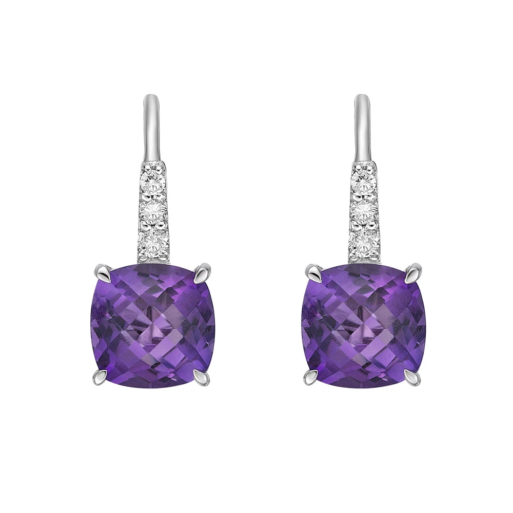 10K Gold Prong-set Cushion Amethyst Earrings with Diamond Accent