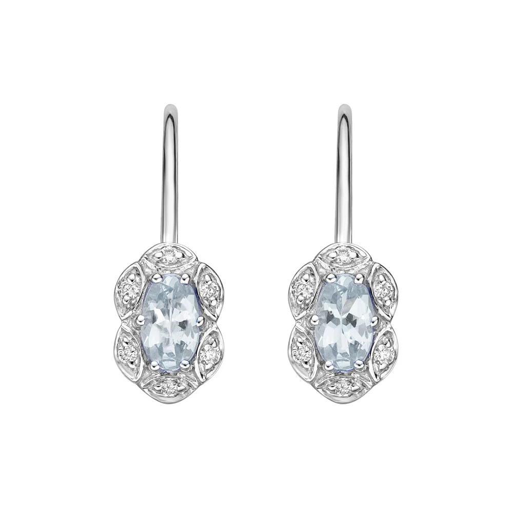 10K White Gold Prong-set Aquamarine Earrings with Diamond Halo