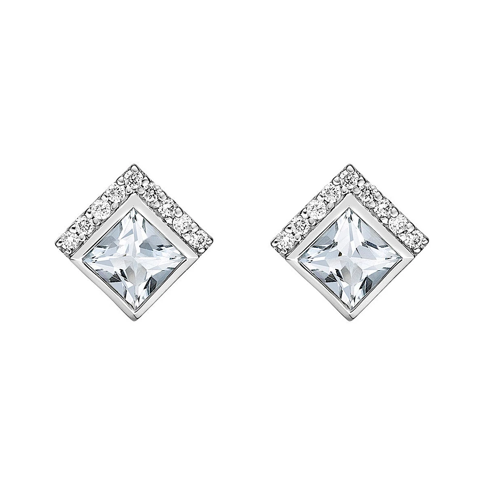 10K Gold Bezel-set Aquamarine Earrings with Diamond Accent