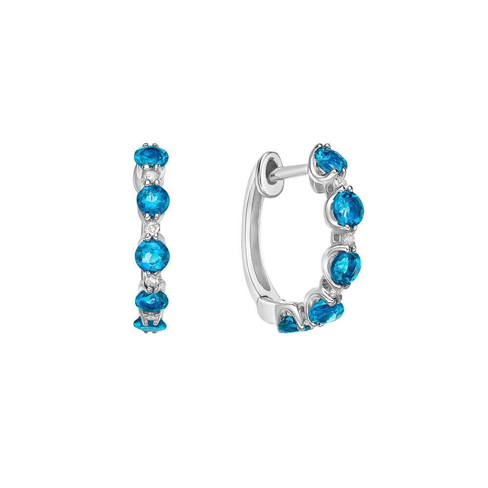 10K White Gold Prong-set Blue Topaz & Diamond Hoop Earrings 0.06cttw