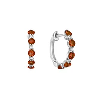 10K White Gold Prong-set Garnet & Diamond Hoop Earrings 0.05cttw