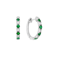 10K White Gold Classic Emerald & Diamond Hoop Earrings 0.04cttw