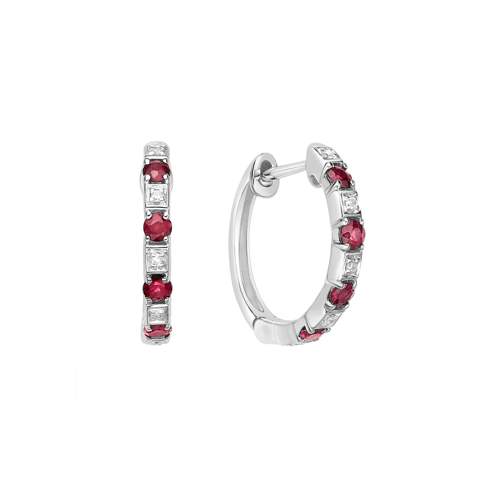 10K White Gold Classic Ruby & Diamond Hoop Earrings 0.04cttw