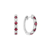 10K White Gold Classic Ruby & Diamond Hoop Earrings 0.04cttw
