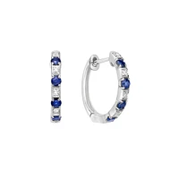 10K White Gold Classic Sapphire & Diamond Hoop Earrings 0.04 cttw