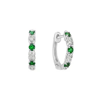 10K White Gold Classic Emerald & Diamond Hoop Earrings 0.06cttw