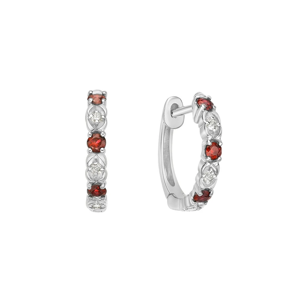 10K White Gold Classic Ruby & Diamond Hoop Earrings 0.06cttw