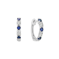 10K White Gold Classic Sapphire & Diamond Hoop Earrings 0.06cttw