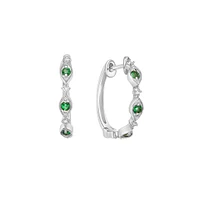 10K White Gold Classic Emerald & Diamond Hoop Earrings 0.07cttw