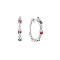 10K White Gold Classic Ruby & Diamond Hoop Earrings 0.07cttw