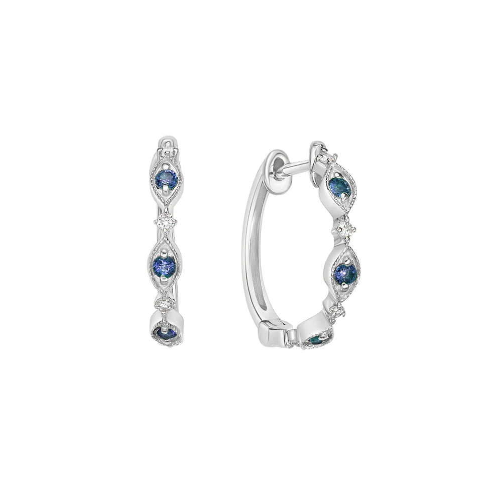 10K White Gold Classic Sapphire & Diamond Hoop Earrings 0.07cttw