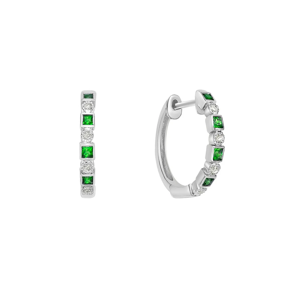 10K White Gold Classic Emerald & Diamond Hoop Earrings with Squares