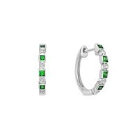 10K White Gold Classic Emerald & Diamond Hoop Earrings with Squares