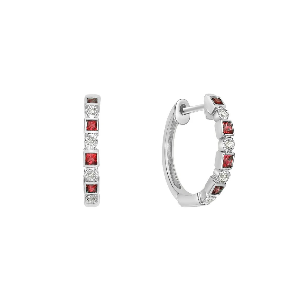 10K White Gold Classic Ruby & Diamond Hoop Earrings with Squares