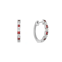 10K White Gold Classic Ruby & Diamond Hoop Earrings with Squares