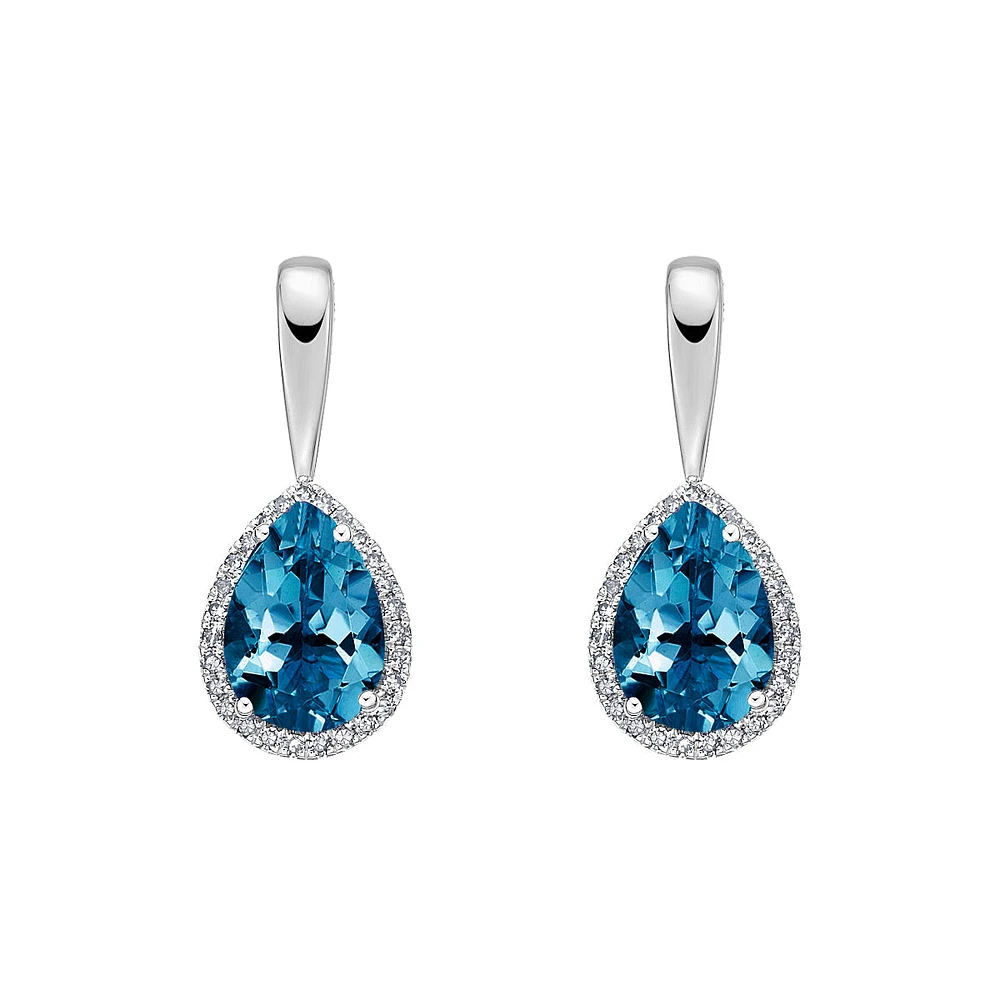 10K White Gold Prong-set London Blue Topaz Earrings with Diamond Halo