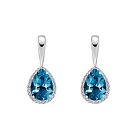 10K White Gold Prong-set London Blue Topaz Earrings with Diamond Halo