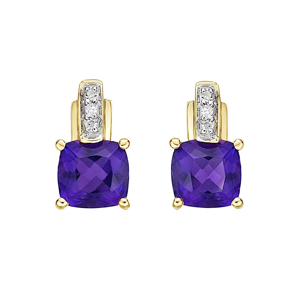 10K Gold Prong-set Amethyst Earrings with Diamond Accent