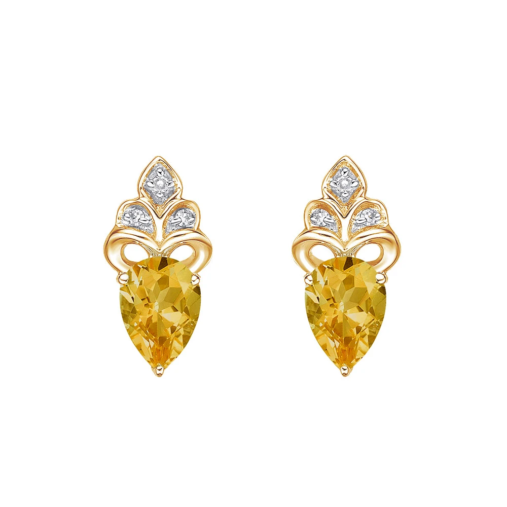 10K Yellow Gold Prong-set Citrine Earring with Diamond accent
