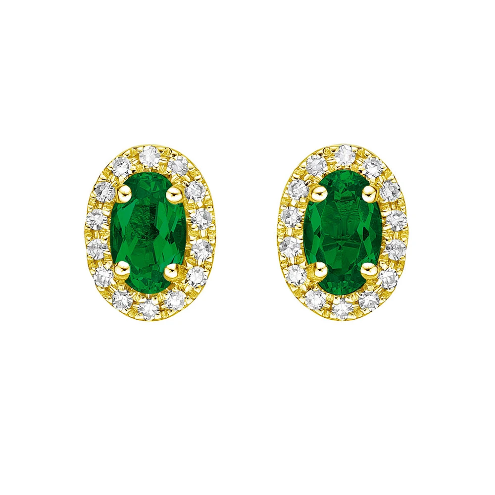 10K Gold Prong-set Emerald Earrings with Diamond Halo
