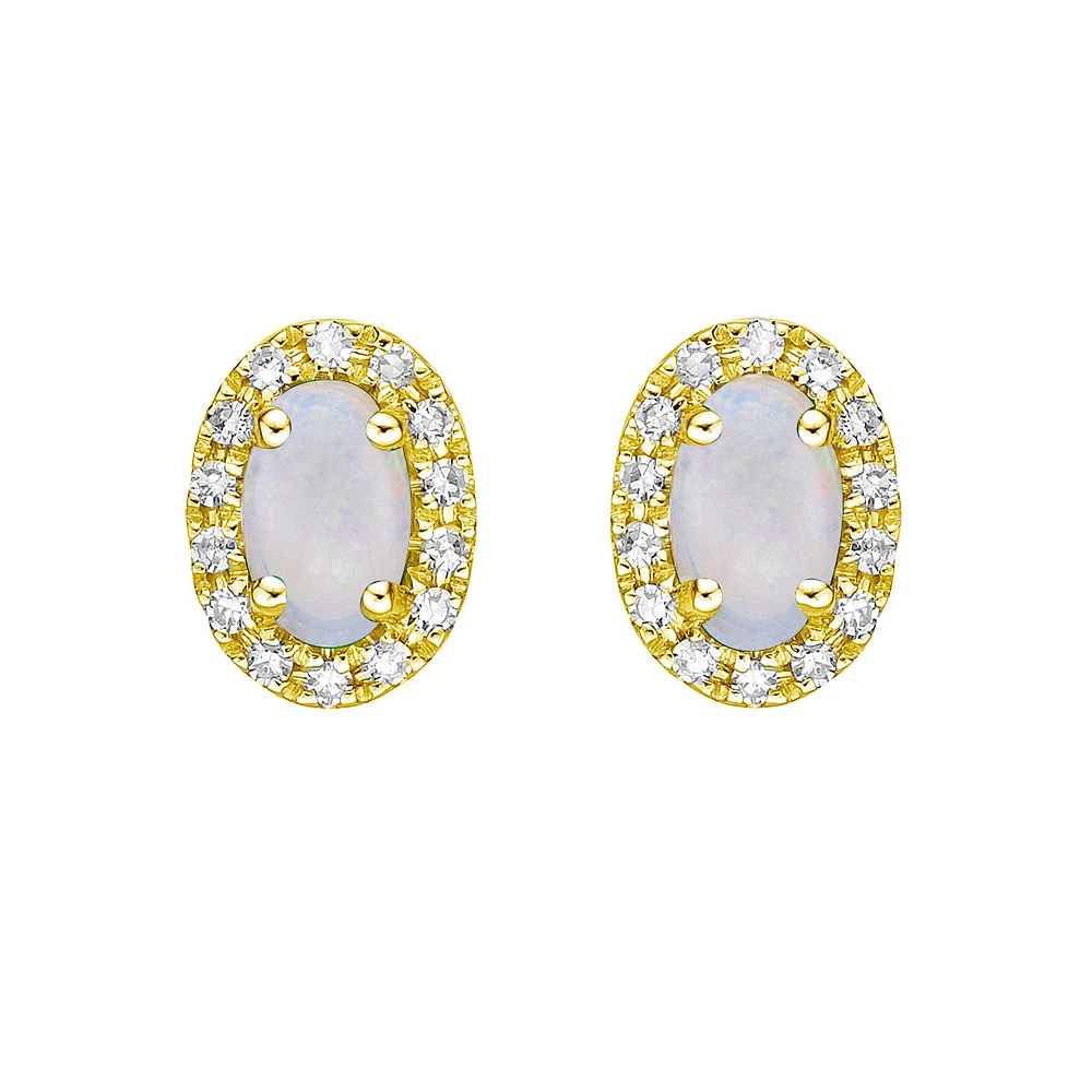 10K Yellow Gold Prong-set White Opal Earring with Diamond Halo