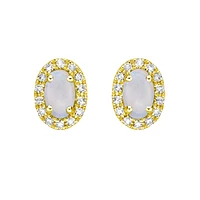 10K Yellow Gold Prong-set White Opal Earring with Diamond Halo