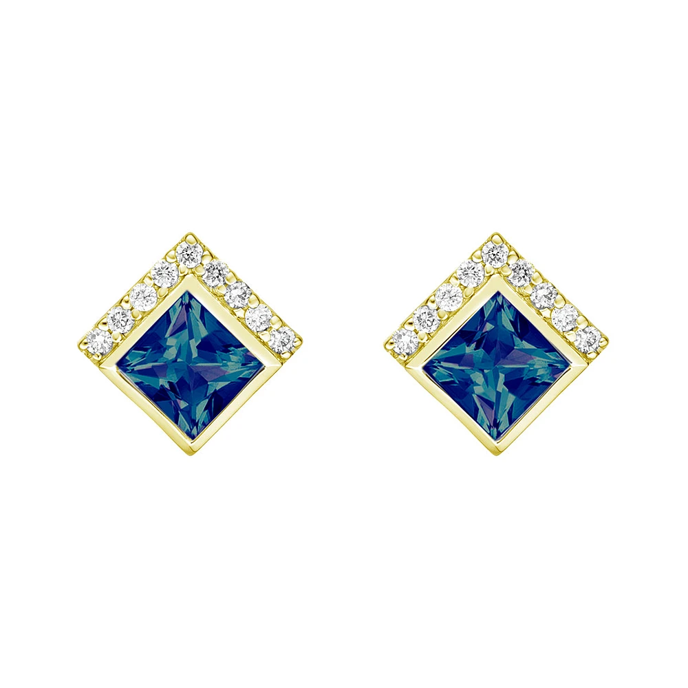 10K Yellow Gold Created Alexandrite Earrings with Diamonds