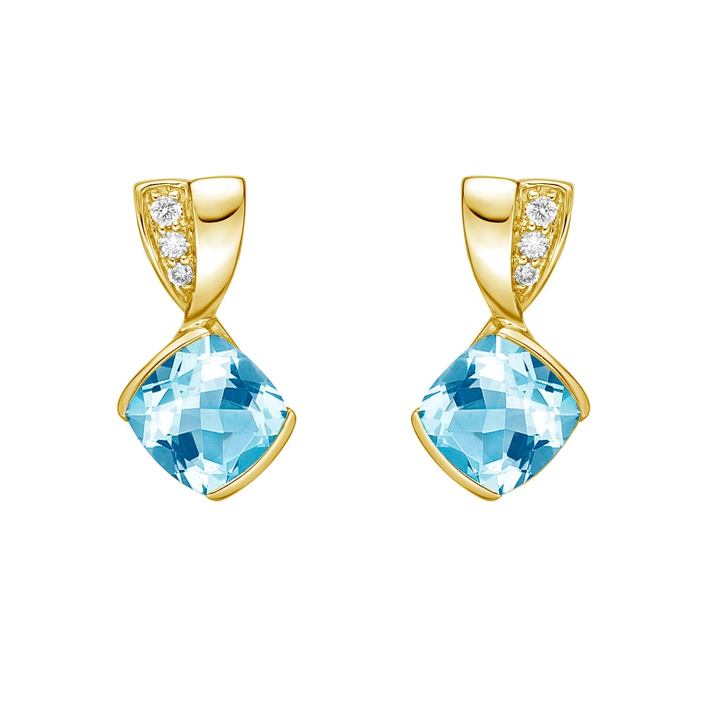 10K Yellow Gold Contemporary half channel bBlue Topaz Earrings with Diamond Accent