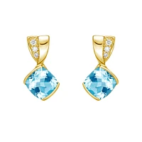 10K Yellow Gold Contemporary half channel bBlue Topaz Earrings with Diamond Accent