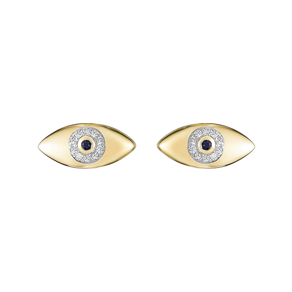 10K Yellow Gold Pave-set Blue Sapphire & Diamond Evil Eye Earrings