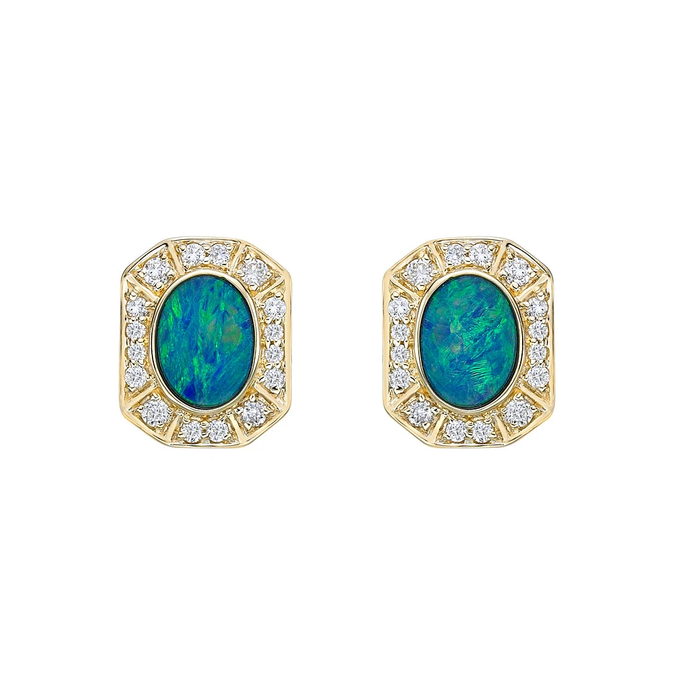 10K Yellow Gold Bezel-set Australian Opal Doublet Earrings with Diamond Halo