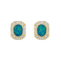 10K Yellow Gold Bezel-set Australian Opal Doublet Earrings with Diamond Halo
