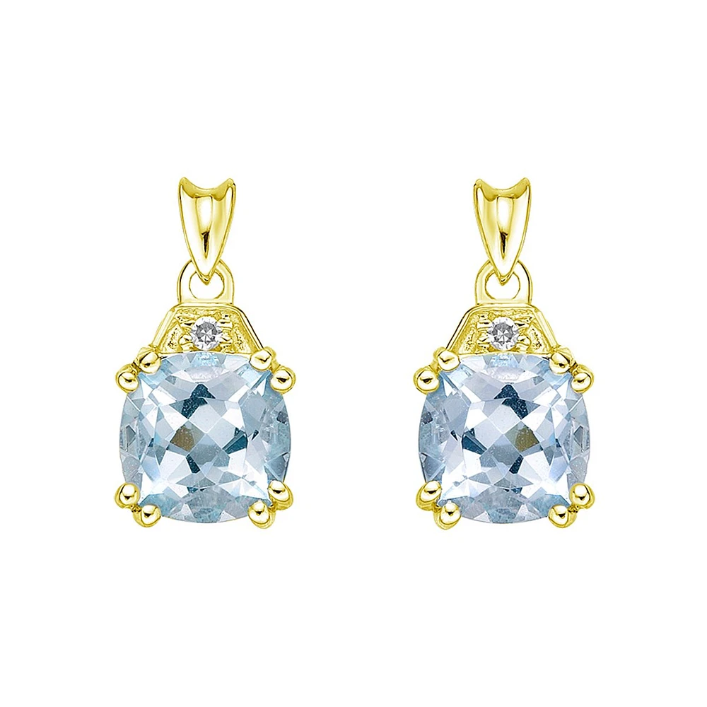 10K Yellow Gold Prong-set Aquamarine Earrings with Diamond Accent