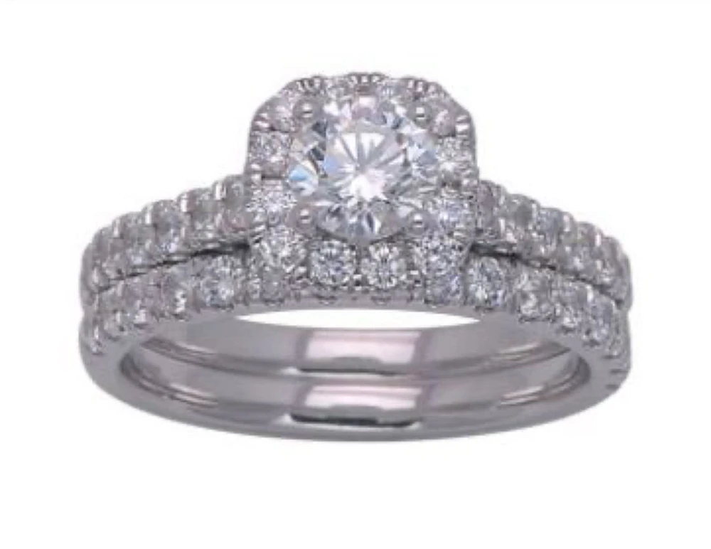 14K Gold 1.75cttw Natural Diamond Halo Engagement and Wedding Band Set - /