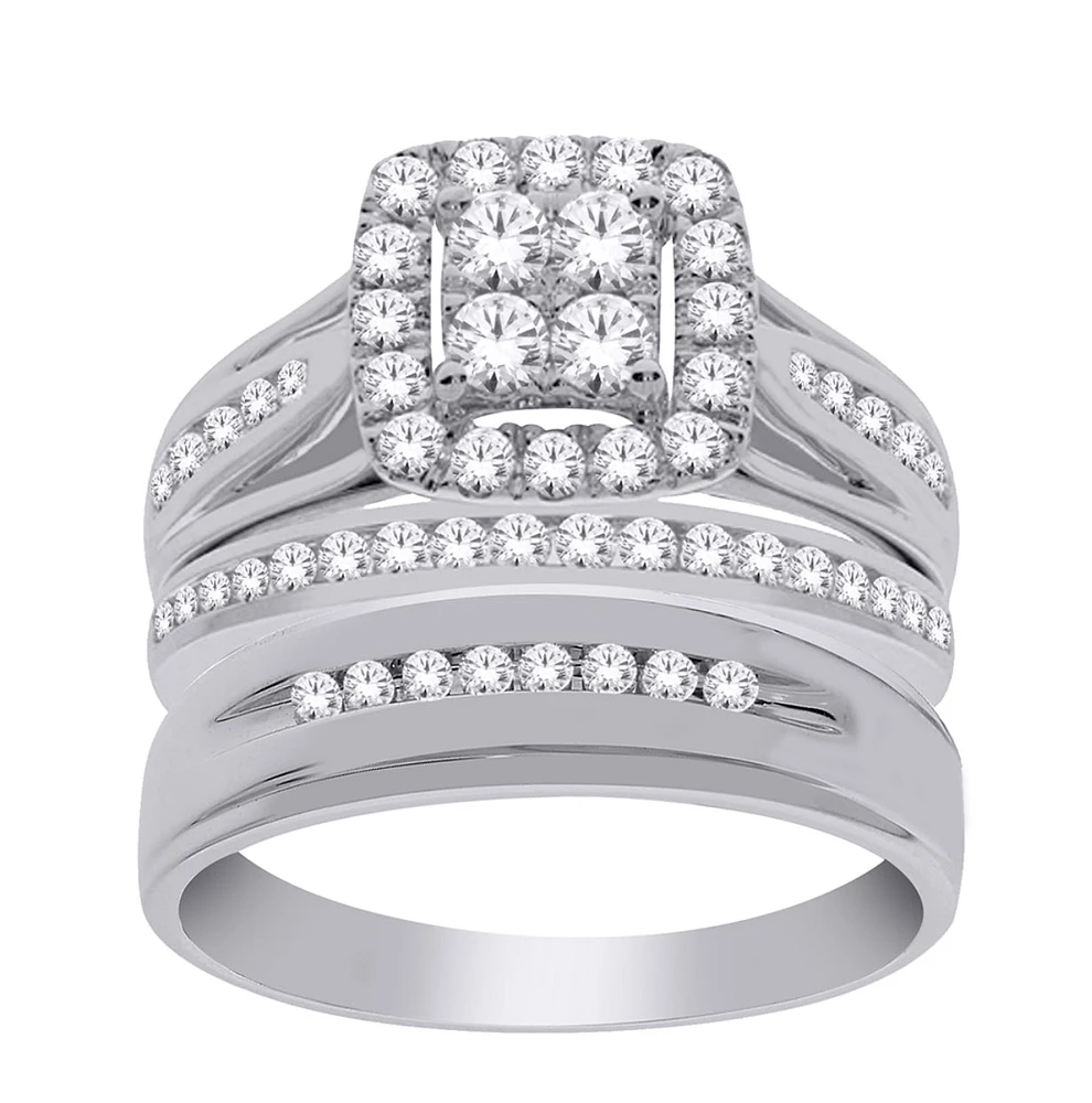 14K Gold 1.00cttw Natural Diamond Halo Engagement and Wedding Band Set Includes Third - /