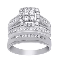 14K Gold 1.00cttw Natural Diamond Halo Engagement and Wedding Band Set Includes Third - /