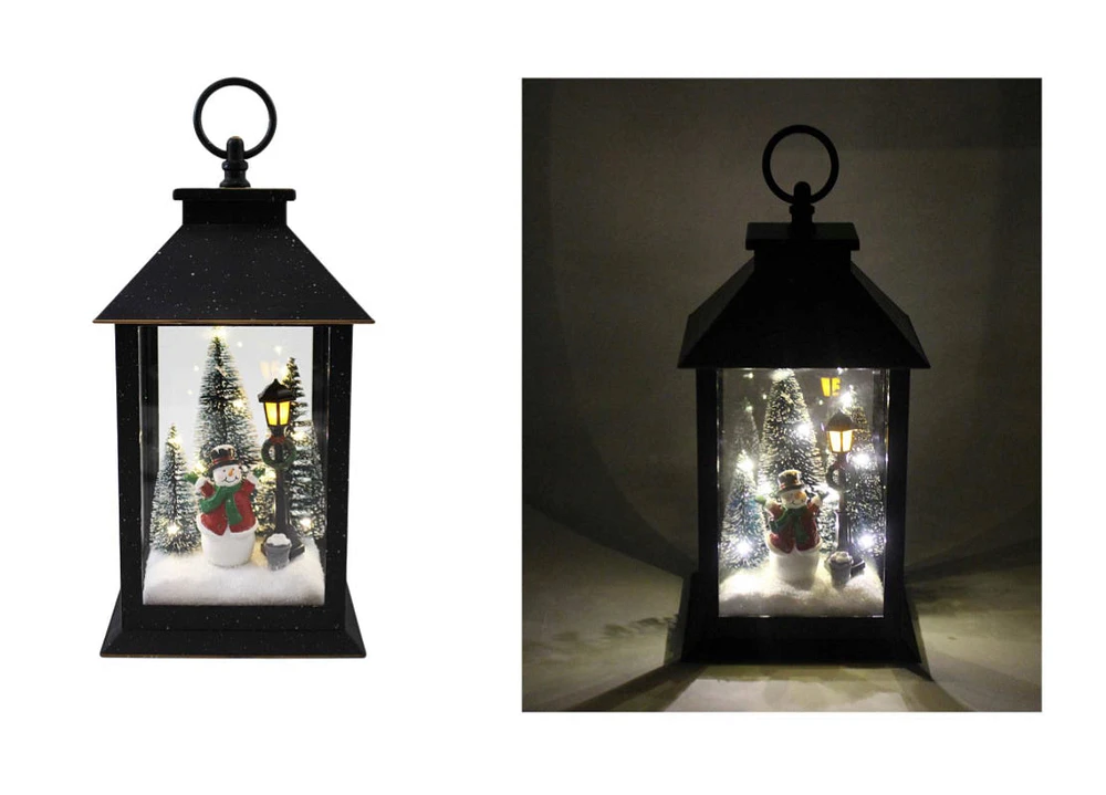 Black Lantern with Snowman Christmas Scene