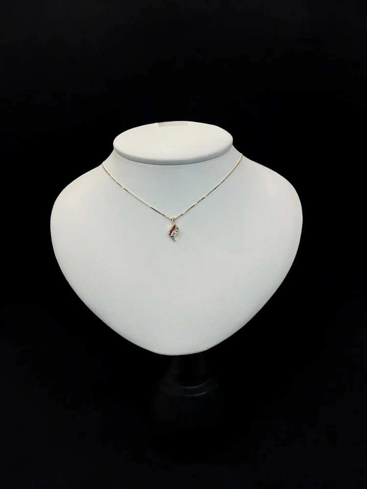 10K Yellow Gold 0.045 cttw Diamond and Ruby Pendant, 18"