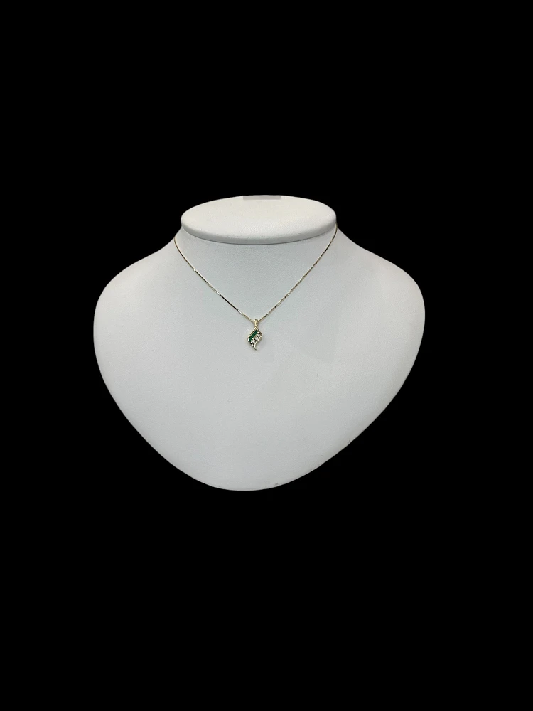 10K Yellow Gold 0.045 cttw Diamond and Emerald Pendant, 18"