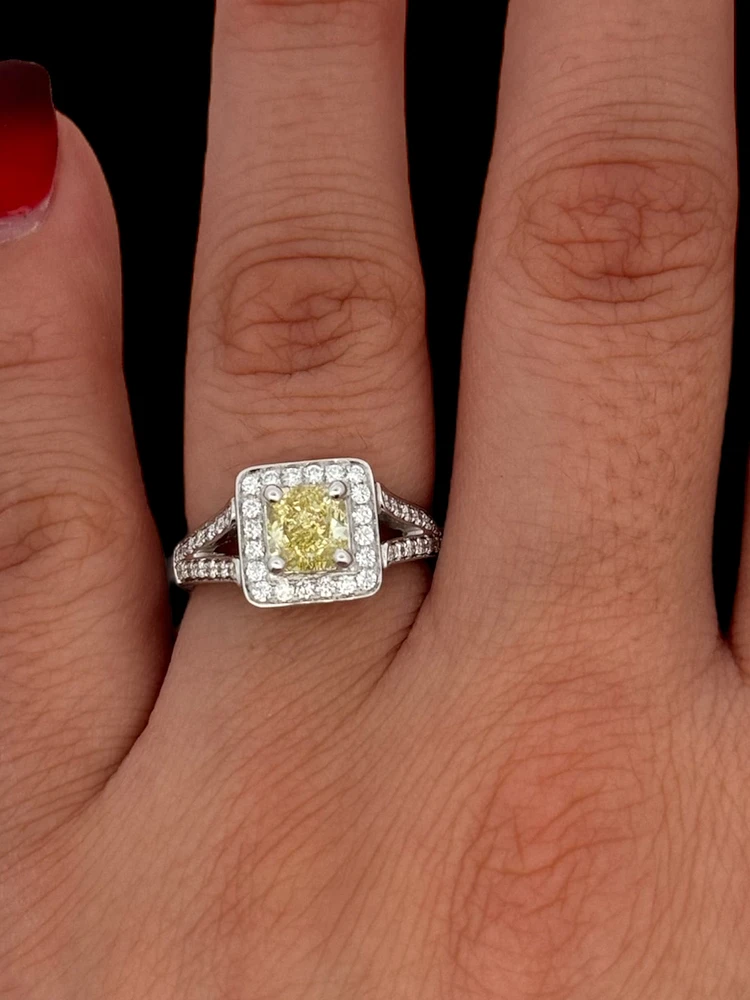 14K White Gold 1.52cttw Fancy Natural Yellow Diamond Halo Engagement Ring, 6.5