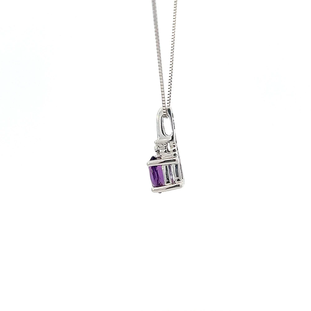 10K White Gold Amethyst and Diamond Pendant - 18"