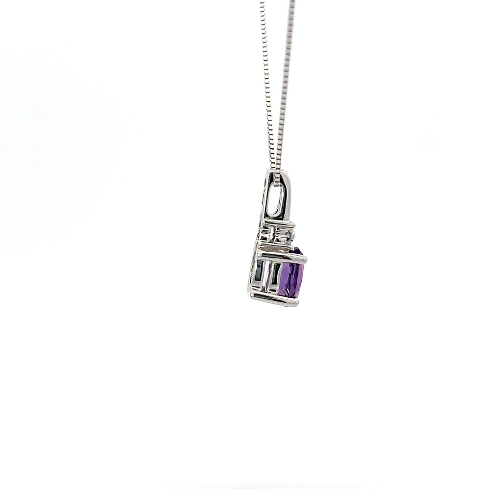 10K White Gold Amethyst and Diamond Pendant - 18"