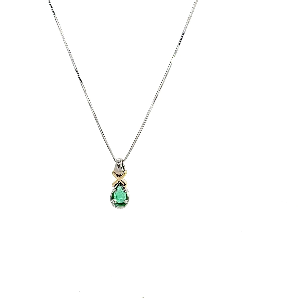10K White and Yellow Gold 0.015 cttw Diamond and Emerald Pendant, 18"