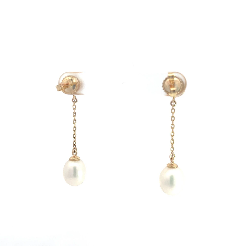 14K Yellow Gold Pearl and Diamond Dangle Earrings
