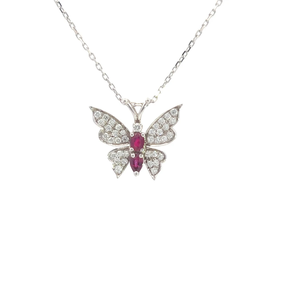14K White Gold Ruby and Diamond Butterfly Necklace  - 18"